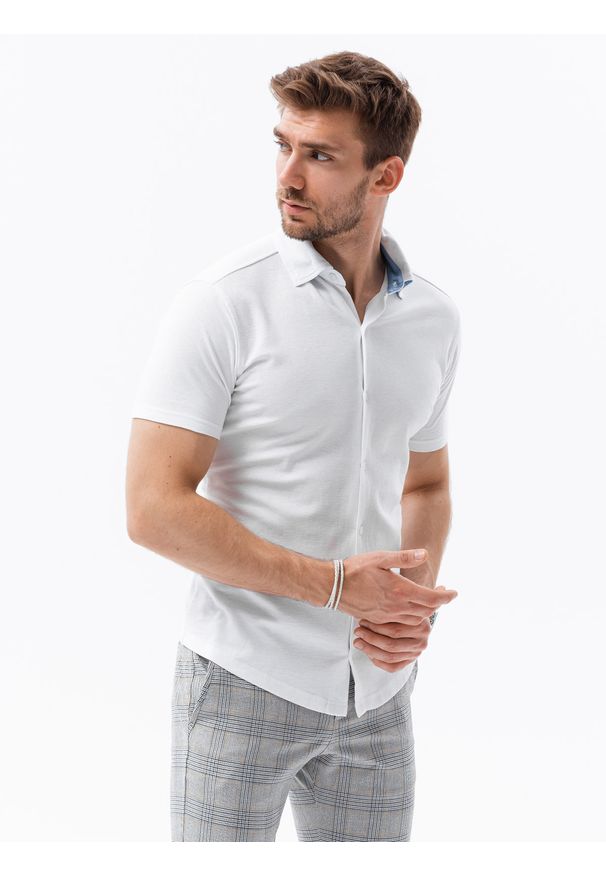 Ombre Clothing - Koszula męska dzianinowa z krótkim rękawem - biała V1 - Rozmiar: XXL. Kolor: biały. Materiał: dzianina. Długość rękawa: krótki rękaw. Długość: krótkie. Styl: klasyczny