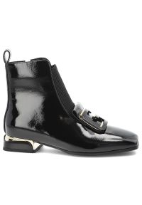 Czarne Botki S.Barski Lakierowane Buty Damskie. Zapięcie: klamry. Kolor: czarny. Materiał: lakier. Obcas: na obcasie. Styl: elegancki. Wysokość obcasa: średni #4