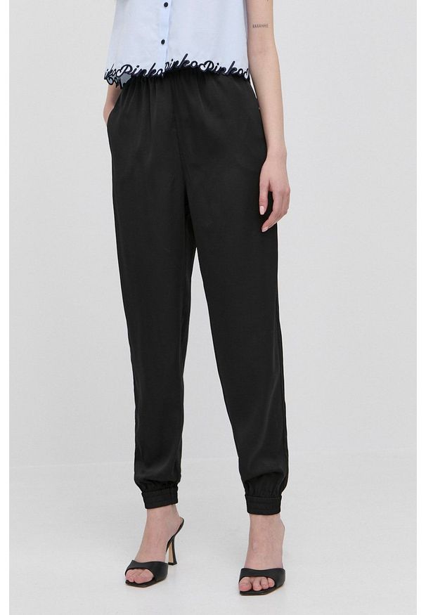 Guess Spodnie damskie kolor czarny proste high waist. Stan: podwyższony. Kolor: czarny. Materiał: tkanina, włókno, materiał