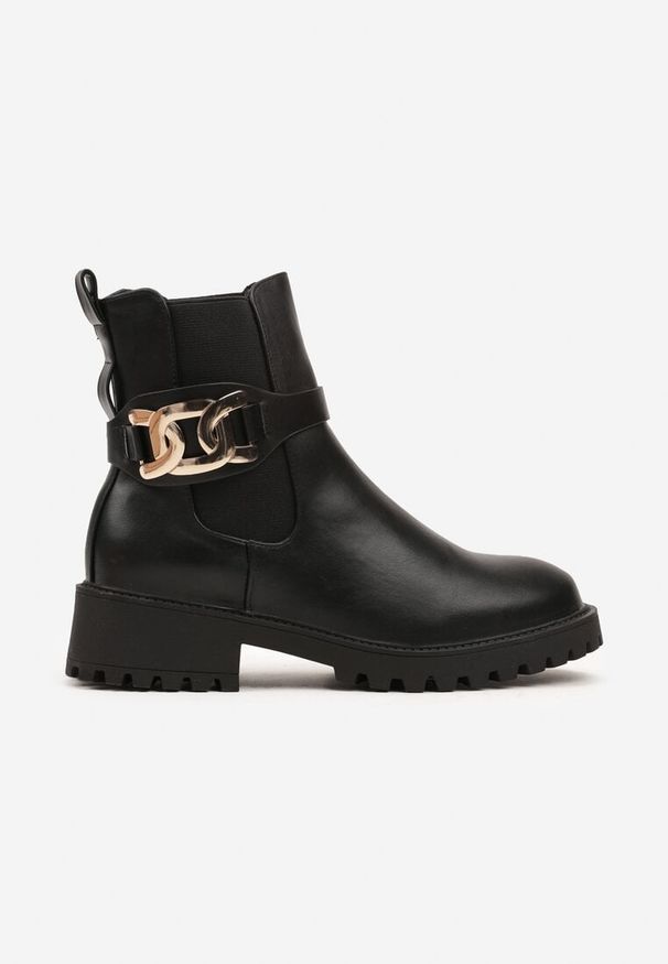 Renee - Czarne Botki Sztyblety na Słupku z Metaliczną Ozdobą Venselle. Kolor: czarny. Materiał: jeans. Wzór: aplikacja. Obcas: na słupku. Styl: elegancki. Wysokość obcasa: średni