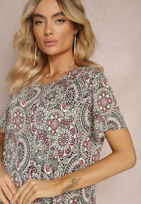 Renee - Zielono-Różowa Krótka Sukienka w Stylu Boho z Elastycznej Wiskozy z Krótkimi Rękawami Ailoni. Kolor: zielony. Materiał: wiskoza. Długość rękawa: krótki rękaw. Sezon: lato, wiosna. Styl: boho. Długość: mini #5