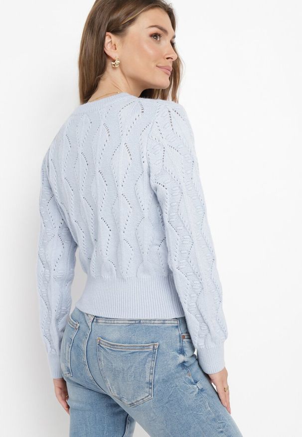 Born2be - Jasnoniebieski Sweter o Klasycznym Kroju z Haftowanymi Kwiatami Chasane. Kolor: niebieski. Materiał: bawełna, wełna. Wzór: kwiaty, haft. Styl: klasyczny