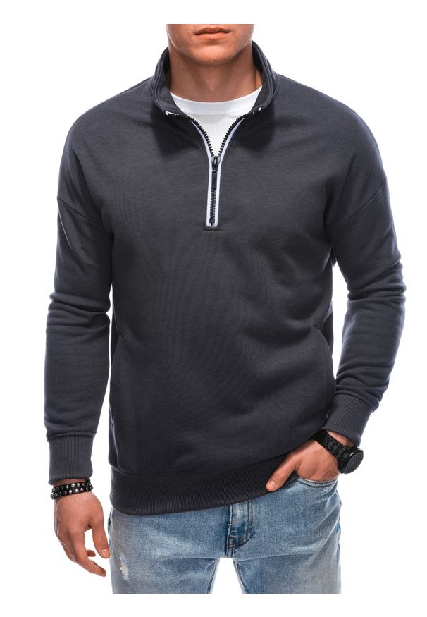 Ombre Clothing - Bluza męska ze stójka rozpinaną na suwak - grafitowa V7 B1353 - M. Typ kołnierza: kołnierzyk stójkowy. Kolor: szary. Materiał: bawełna, poliester
