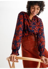 bonprix - Bluzka z szyfonu z marszczonymi detalami. Typ kołnierza: kołnierzyk stójkowy. Kolor: niebieski. Materiał: szyfon #1