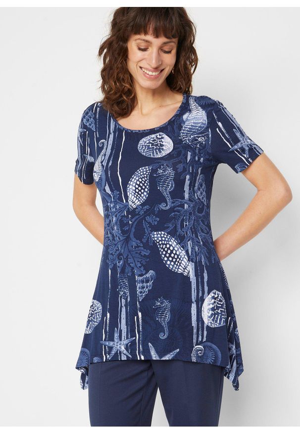 bonprix - Długi shirt z miękkiego materiału z wiskozą. Kolor: niebieski. Materiał: materiał, wiskoza. Długość rękawa: krótki rękaw. Długość: długie. Styl: elegancki