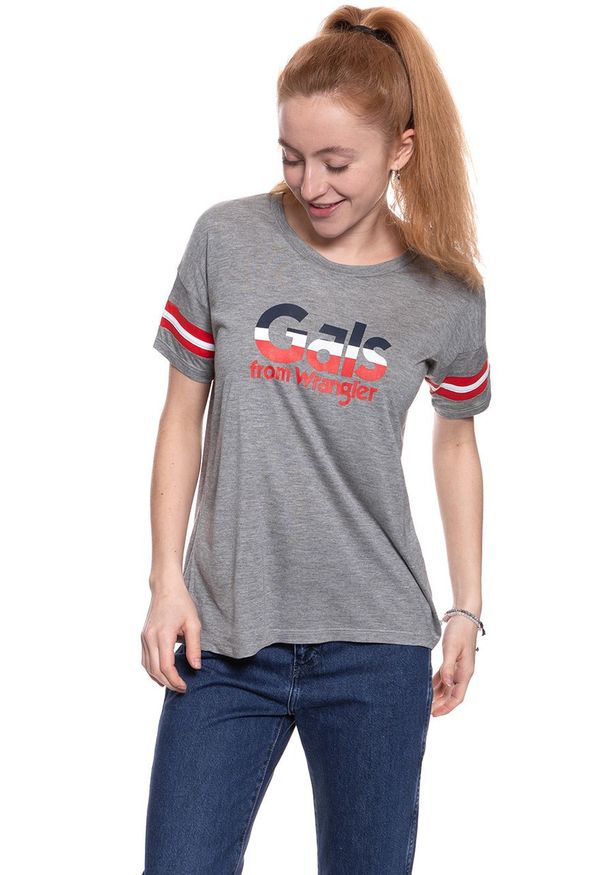 Wrangler - WRANGLER T SHIRT DAMSKI FLUID GRAPHIC TEE MID GREY MEL W705LFD37 112130903. Wzór: paski, nadruk
