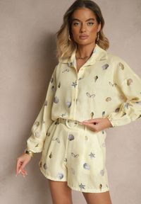 Renee - Żółty Komplet z Wiskozą Koszula i Szorty w Morski Print Reisoria. Kolor: żółty. Materiał: wiskoza. Wzór: nadruk