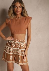 Renee - Brązowe Wiskozowe Szorty High Waist ze Wzorem Boho Lunadora. Okazja: na co dzień. Stan: podwyższony. Kolor: brązowy. Materiał: wiskoza. Sezon: lato. Styl: boho