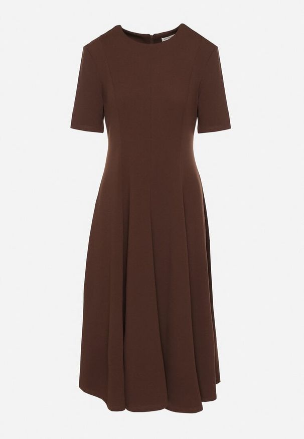 Born2be - Brązowa Sukienka Rozkloszowana z Taliowaniem Telorwena. Okazja: na randkę, na ślub cywilny, na wesele. Kolor: brązowy. Materiał: tkanina. Długość rękawa: krótki rękaw. Styl: klasyczny