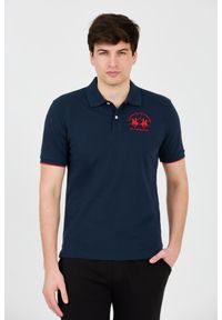 La Martina - LA MARTINA Granatowe męskie polo z dużym czerwonym logo, Rozmiar L. Typ kołnierza: polo. Kolor: niebieski