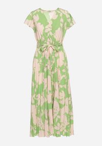Born2be - Zielono-Beżowa Plisowana Koktajlowa Sukienka z Kopertowym Dekoltem Paskiem i Gumką w Talii Anelsea. Okazja: na spacer, na imprezę. Typ kołnierza: dekolt kopertowy. Kolor: zielony. Długość rękawa: krótki rękaw. Wzór: aplikacja. Typ sukienki: kopertowe. Styl: wizytowy #5