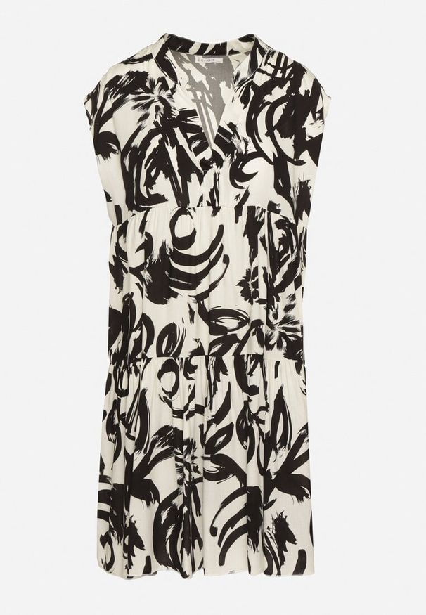 Born2be - Czarna Bawełniana Sukienka z Abstrakcyjnym Wzorem Lioraia. Okazja: na co dzień. Typ kołnierza: dekolt w kształcie V. Kolor: czarny. Materiał: bawełna. Długość rękawa: krótki rękaw. Typ sukienki: proste. Styl: casual, elegancki