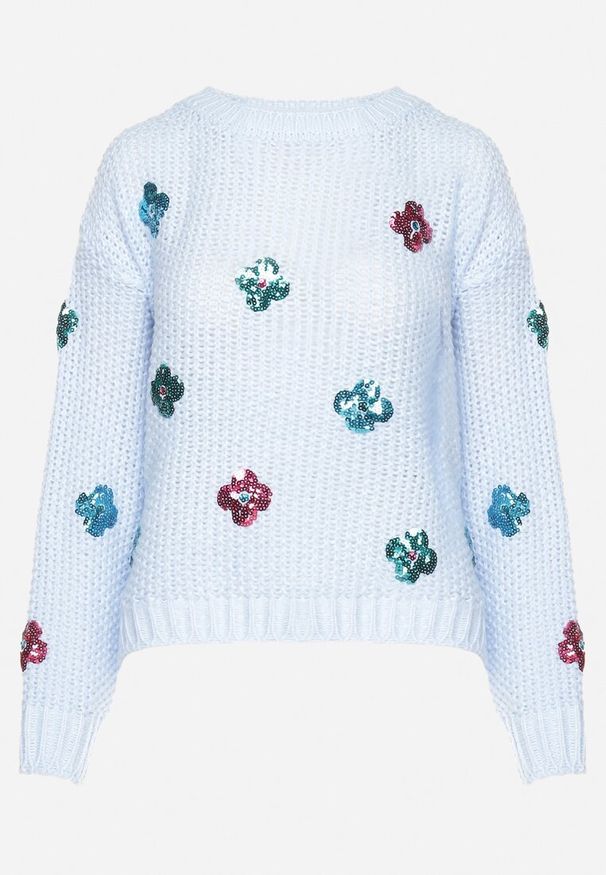 Born2be - Jasnoniebieski Sweter z Tłoczonej Dzianiny z Wiskozą Zdobiony Cekinowymi Kwiatami Edamara. Okazja: na co dzień. Kolor: niebieski. Materiał: dzianina, wiskoza. Długość rękawa: długi rękaw. Długość: długie. Wzór: aplikacja, kwiaty. Styl: klasyczny, wizytowy, casual