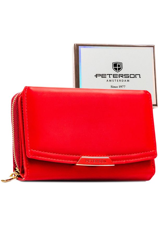 Czerwony portfel damski ze skóry ekologicznej zamykany na zatrzask i suwak - Peterson. Kolor: czerwony. Materiał: skóra ekologiczna