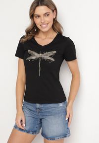 Born2be - Czarny Bawełniany T-shirt z Motywem Ważki i Cyrkoniami Ulimira. Okazja: na co dzień. Kolor: czarny. Materiał: bawełna. Wzór: aplikacja. Styl: klasyczny, casual #7