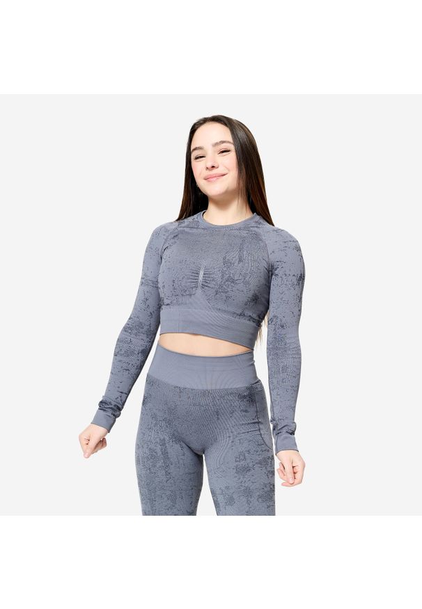 DOMYOS - Koszulka fitness damska Domyos długi rękaw. Kolor: szary. Materiał: materiał, poliamid, poliester, elastan. Długość rękawa: długi rękaw. Długość: długie. Sport: fitness