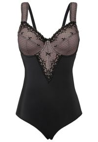 bonprix - "Body ""minimizer"" na fiszbinach, z poliestru z recyklingu". Kolor: czarny. Materiał: poliester. Wzór: koronka #1