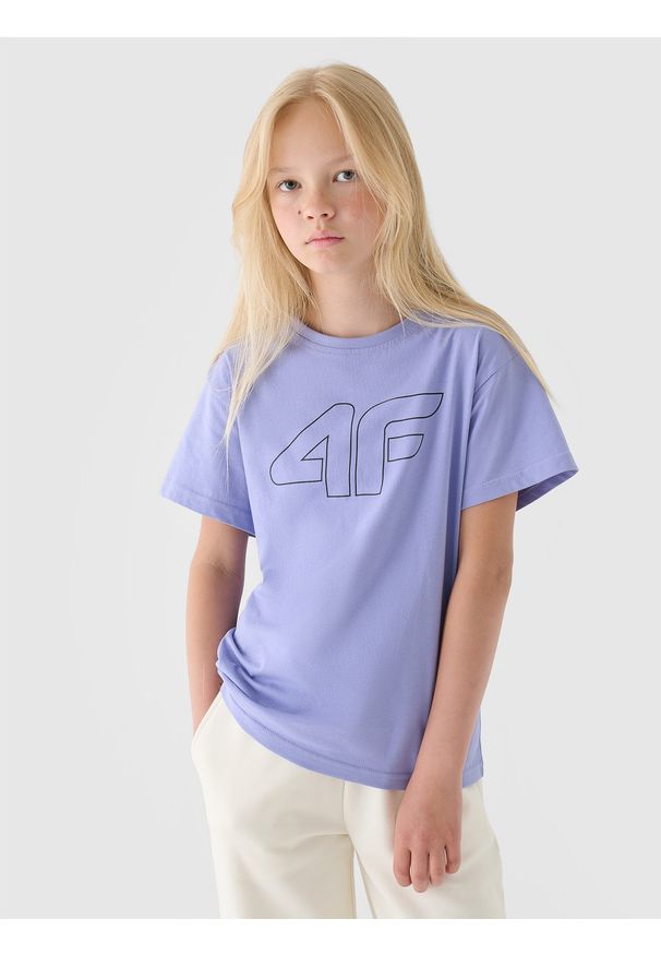 4f - 4F T-shirt z nadrukiem dziewczęcy - niebieski 128 (7-8 lat). Okazja: na co dzień. Kolor: niebieski. Materiał: dzianina, jersey, bawełna. Długość rękawa: krótki rękaw. Długość: krótkie. Wzór: nadruk. Sezon: lato. Styl: casual, klasyczny, sportowy