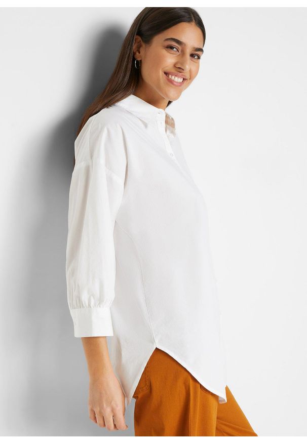 bonprix - Koszula oversize z bawełny, rękawy 3/4. Kolor: biały. Materiał: bawełna