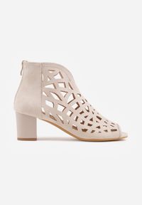 Born2be - Beżowe Ażurowe Botki Peep Toe na Słupku ze Skórzaną Wkładką Cezelle. Okazja: na co dzień. Nosek buta: otwarty. Kolor: beżowy. Materiał: skóra. Wzór: ażurowy. Obcas: na słupku. Styl: casual #6