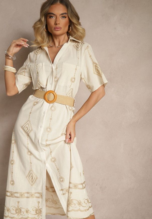 Renee - Beżowa Koszulowa Sukienka z Bawełny z Plecionym Paskiem Sariene. Okazja: na co dzień. Kolor: beżowy. Materiał: bawełna. Typ sukienki: koszulowe. Styl: casual, elegancki, boho