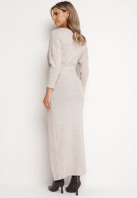 Born2be - Beżowa Sukienka z Wiskozą Ozdobiona Wiązaniem i Metaliczną Nicią Ellinira. Okazja: na co dzień. Kolor: beżowy. Materiał: wiskoza. Wzór: aplikacja. Typ sukienki: proste. Styl: casual, elegancki #2