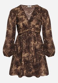 Born2be - Brązowa Sukienka o Rozkloszowanym Kroju z Bufiastymi Rękawami Salanela. Okazja: na imprezę, na co dzień. Typ kołnierza: dekolt w serek. Kolekcja: plus size. Kolor: brązowy. Sezon: lato. Typ sukienki: dla puszystych. Styl: elegancki, casual #3