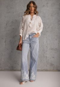 Renee - Biała Wiązana Bluzka w Stylu Boho z Tencelu z Koralikami i Koronką Helotis. Okazja: na co dzień. Kolor: biały. Materiał: koronka. Wzór: koronka. Styl: boho #5