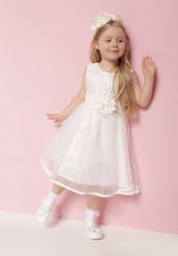 Born2be - Biała Tiulowa Sukienka w Stylu Princeski z Aplikacjami 3D Piwira. Okazja: na imprezę. Kolor: biały. Materiał: tiul. Wzór: aplikacja #7