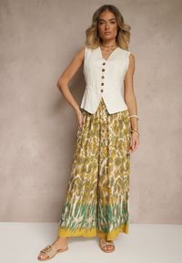 Renee - Beżowo-Żółte Szerokie Spodnie z Wiskozy High Waist Ellirelle. Okazja: na co dzień. Stan: podwyższony. Kolor: beżowy. Materiał: wiskoza. Styl: elegancki, casual