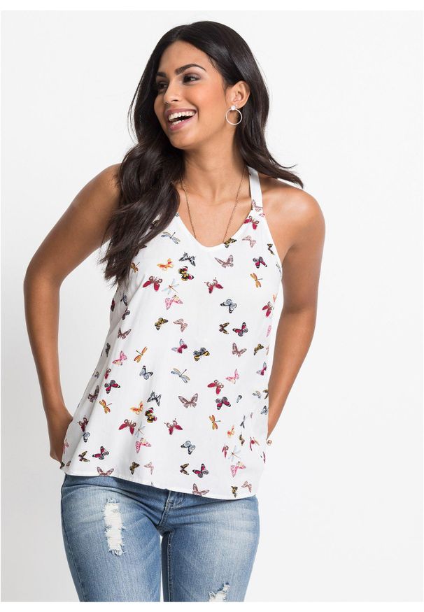 bonprix - Top z czystej wiskozy. Typ kołnierza: dekolt w serek. Kolor: biały. Materiał: wiskoza