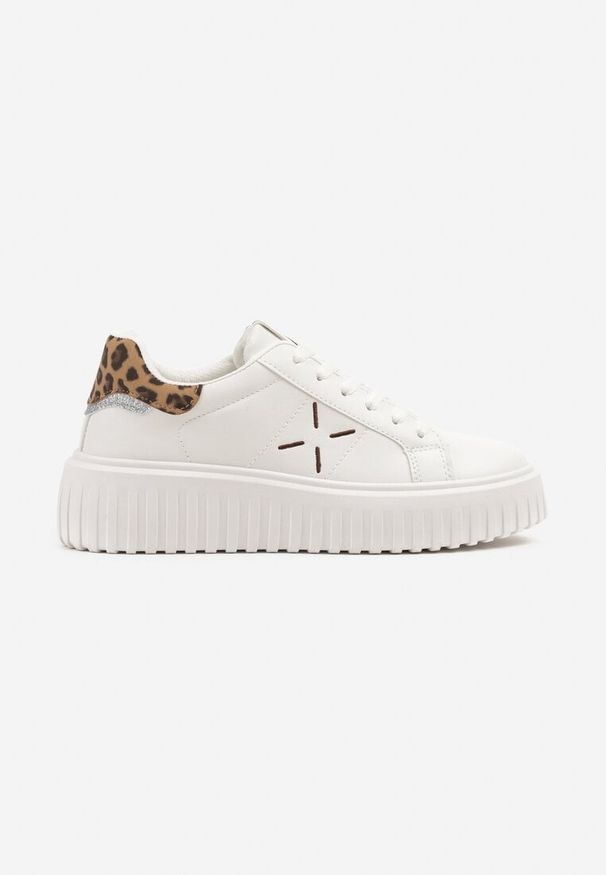 Renee - Białe Panterkowe Sneakersy na Platformie z Tłoczeniem i Brokatową Wstawką Nuselin. Okazja: na co dzień. Kolor: biały. Materiał: jeans, skóra. Obcas: na platformie