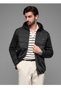Ombre Clothing - Kurtka lekka męska z łączonych materiałów z kapturem i ozdobnym pikowaniem – czarna V5. Okazja: na co dzień. Typ kołnierza: kaptur. Kolor: czarny. Materiał: materiał. Wzór: aplikacja. Styl: casual