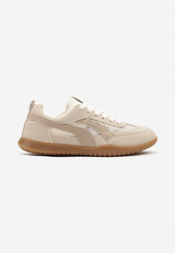Renee - Ciemnobeżowe Sneakersy Tenisówki z Geometrycznym Motywem Amotheira. Okazja: na co dzień. Kolor: beżowy. Materiał: jeans. Wzór: geometria. Obcas: na płaskiej podeszwie