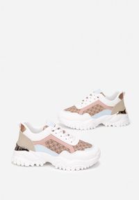 Renee - Biało-Różowe Sneakersy na Grubej Podeszwie Itra. Kolor: biały. Materiał: materiał, skóra ekologiczna. Szerokość cholewki: normalna. Wzór: nadruk, aplikacja