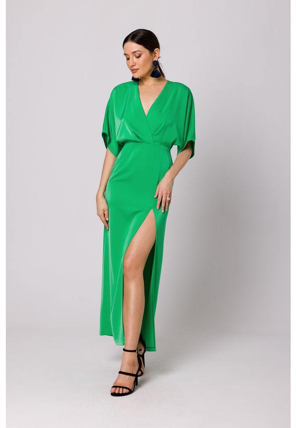 MOE - Maxi Sukienka z Długim Rozcięciem - Zielona. Kolor: zielony. Materiał: poliester, elastan. Długość: maxi