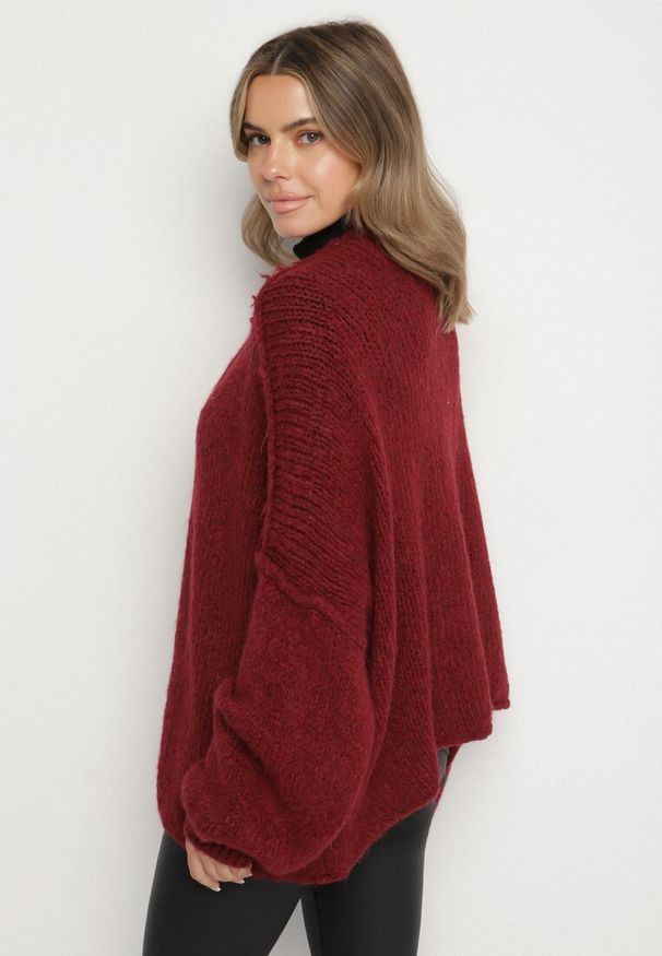 Born2be - Bordowy Nietoperzowy Kardigan Bez Zapięć z Domieszką Wełny i Wiskozy Rallisa. Okazja: na co dzień. Kolor: czerwony. Materiał: wełna, wiskoza. Wzór: gładki. Styl: casual