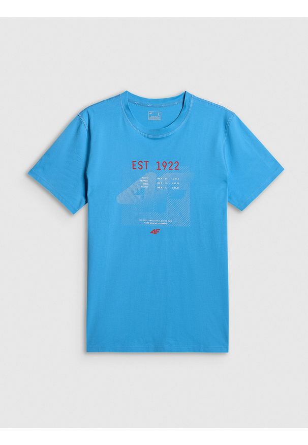 4f - 4F T-shirt regular z nadrukiem męski - niebieski S. Okazja: na co dzień. Kolor: niebieski. Materiał: materiał. Wzór: nadruk. Styl: casual, sportowy