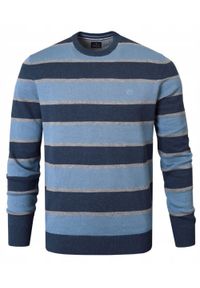 Bawełniany Sweter Męski, Okrągły Dekolt - Pako Jeans - Niebieski i Granat, Pasy. Kolor: niebieski. Materiał: bawełna. Styl: klasyczny, elegancki
