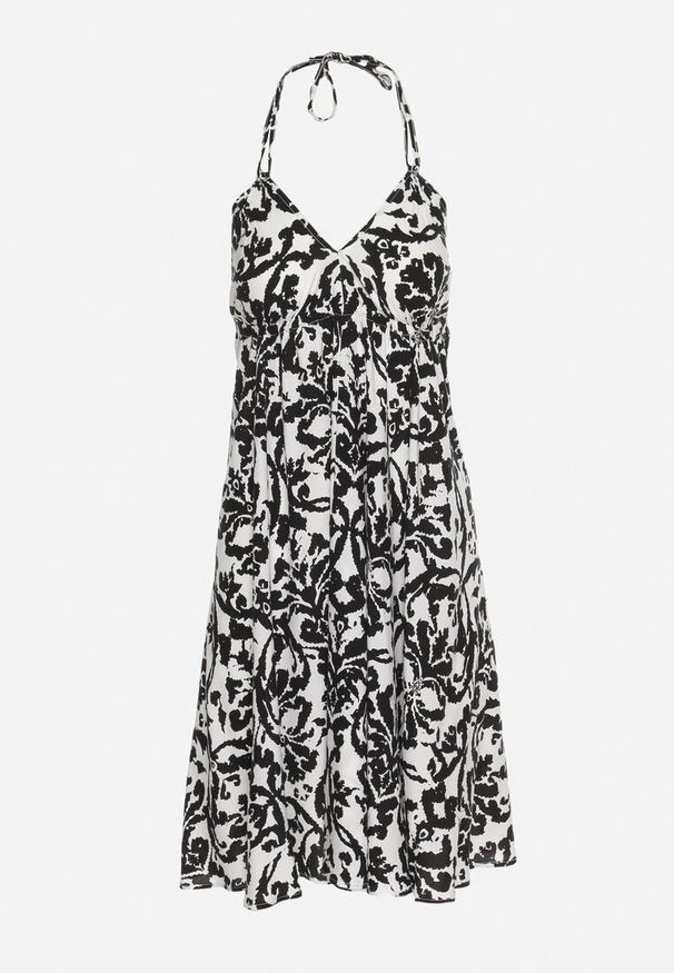 Born2be - Czarno-Biała Rozkloszowana Sukienka na Ramiączkach Wiązana na Szyi z Dekoltem w Serek Beviana. Okazja: na co dzień. Typ kołnierza: dekolt w serek. Kolor: czarny. Materiał: skóra, bawełna, materiał. Długość rękawa: na ramiączkach. Styl: klasyczny, casual, elegancki