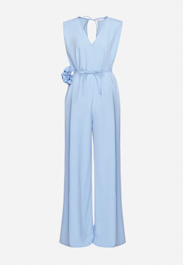 Born2be - Niebieski Wiązany Kombinezon z Prostymi Nogawkami i Wiskozą oraz Kwiatową Aplikacją Dimenna. Kolor: niebieski. Materiał: wiskoza. Wzór: aplikacja, kwiaty. Styl: elegancki