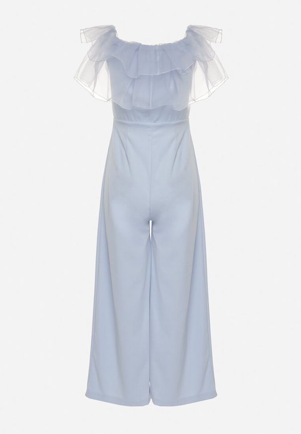 Born2be - Jasnoniebieski Kombinezon bez Rękawów z Dekoltem Ozdobionym Falbanką Tessella. Kolor: niebieski. Długość rękawa: bez rękawów. Wzór: aplikacja. Styl: wizytowy