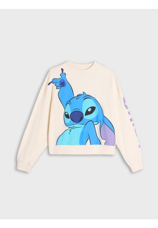 Sinsay - Bluza Stitch - kremowy. Kolor: kremowy. Długość rękawa: długi rękaw. Długość: długie. Wzór: nadruk, napisy