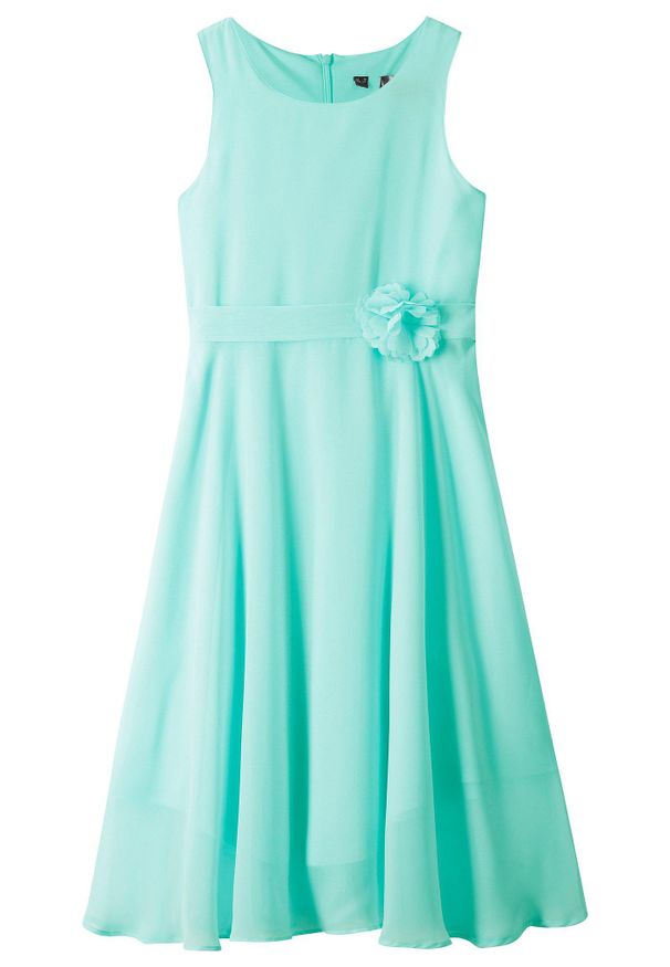 bonprix - Sukienka z kwiatową aplikacją. Kolor: zielony. Materiał: satyna. Wzór: aplikacja, kwiaty. Sezon: lato