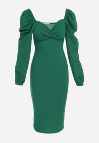 Born2be - Zielona Sukienka Midi z Kopertową Górą i Bufiastymi Rękawami Ozdobiona Marszczeniami Azurma. Okazja: na co dzień. Kolor: zielony. Wzór: aplikacja. Typ sukienki: kopertowe. Styl: casual. Długość: midi #5