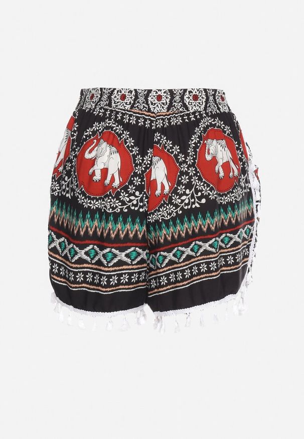 Born2be - Czarno-Czerwone Bawełniane Szorty z Gumką w Pasie Ozdobione Frędzlami Marnesta. Okazja: na spacer, na co dzień, na plażę, na imprezę. Kolor: czarny. Materiał: bawełna. Wzór: aplikacja. Sezon: lato. Styl: casual, elegancki