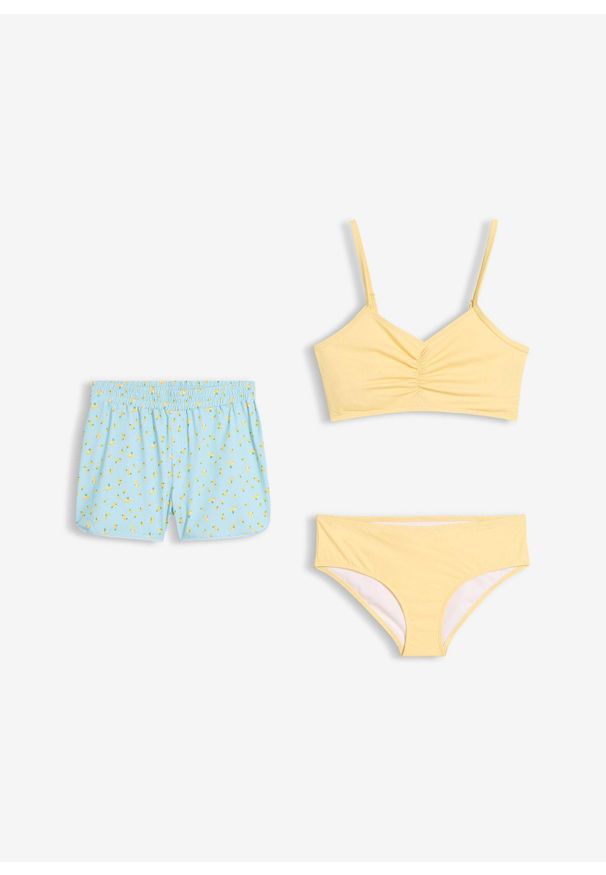 bonprix - Bikini z figami i spodenkami kąpielowymi (3 części). Kolor: żółty