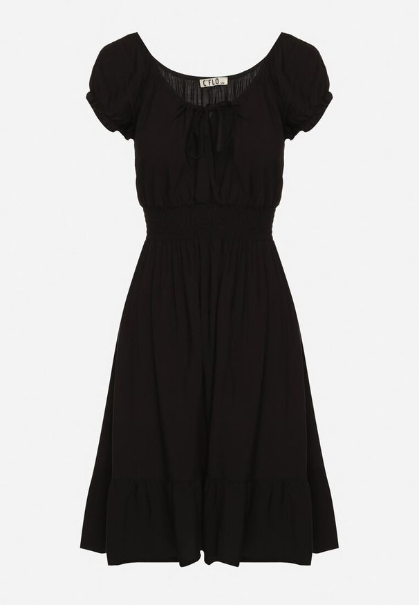 Born2be - Czarna Wiskozowa Sukienka z Gumkami w Pasie Ściągana przy Dekolcie z Falbanką Tiimamla. Okazja: na co dzień. Kolor: czarny. Materiał: wiskoza. Długość rękawa: krótki rękaw. Sezon: wiosna, lato. Typ sukienki: proste. Styl: casual