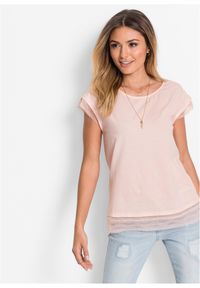 bonprix - Bawełniany T-shirt o kroju pudełkowym. Kolor: różowy. Materiał: bawełna, koronka. Długość rękawa: krótki rękaw. Długość: krótkie. Wzór: koronka #1