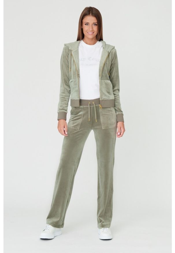 Juicy Couture - JUICY COUTURE Zielona bluza Robertson. Typ kołnierza: kaptur. Kolor: zielony. Materiał: welur